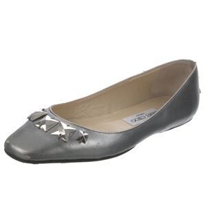 Jimmy Choo Watson Silver Metallic Calf Leather Studded Accents Ballet Flats 37